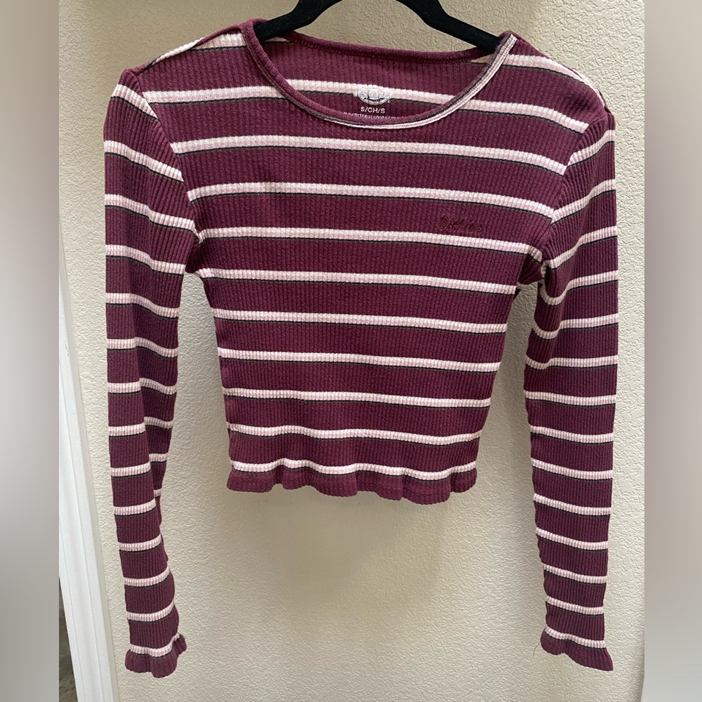 Dickies, Women’s, Juniors, Long Sleeve, Crop Top, Burgundy with Stripes, Size S